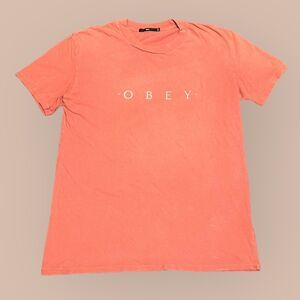 Obey Spellout Tee Orange Coral Y2K Skatewear Surfwear Grom Mens Size Medium